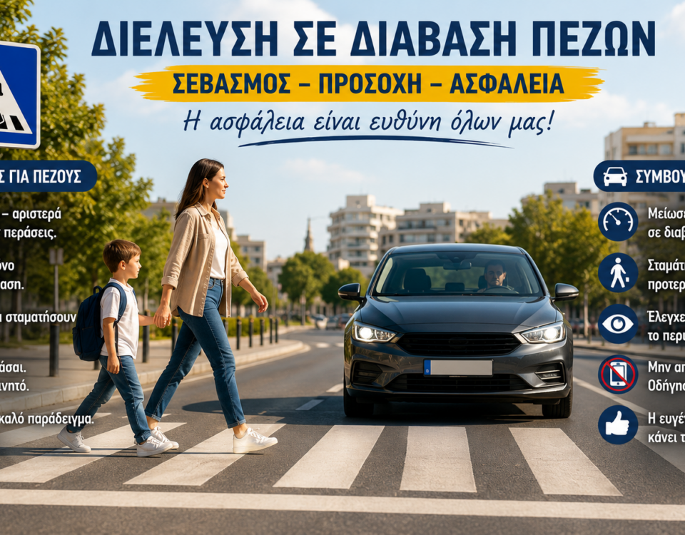 Μητέρα με παιδί διασχίζουν διάβαση πεζών ενώ αυτοκίνητο έχει σταματήσει